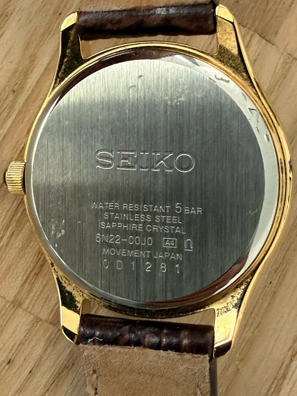 Seiko White Dial Watch Gold-Tone Case Brown Genuine Leather Strap Date Window
